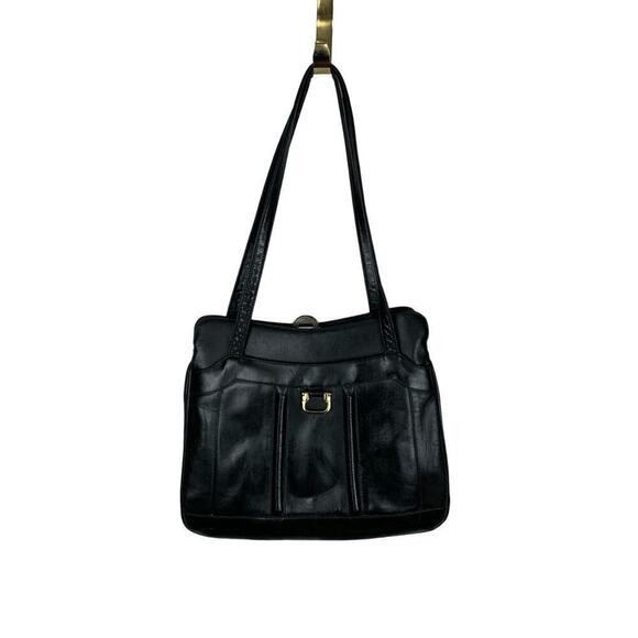 70s Vintage Lou Taylor Black Itialian Leather Handbag with Swivle Gold Mirror - Picture 1 of 11